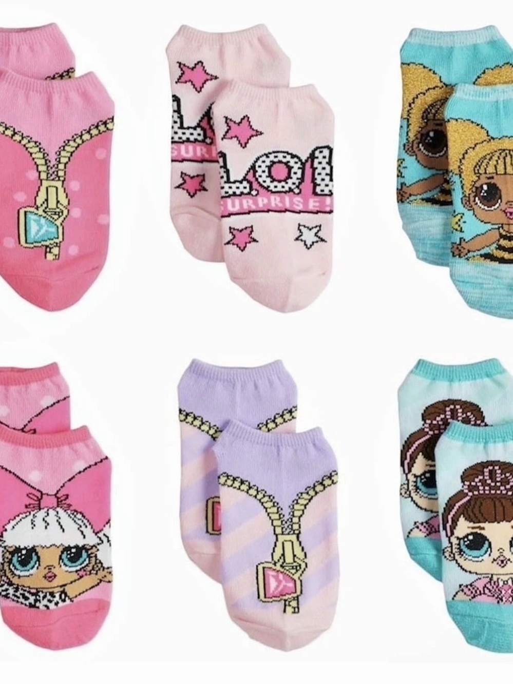 L.O.L. Surprise! Girls No-Show Socks 6-Pack Pink & Turquoise